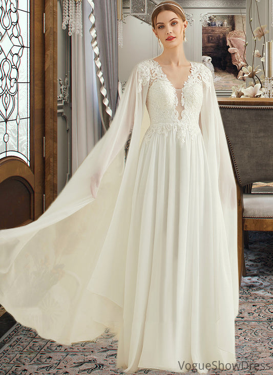 Imani A-Line V-neck Floor-Length Chiffon Lace Wedding Dress With Sequins DLP0013736