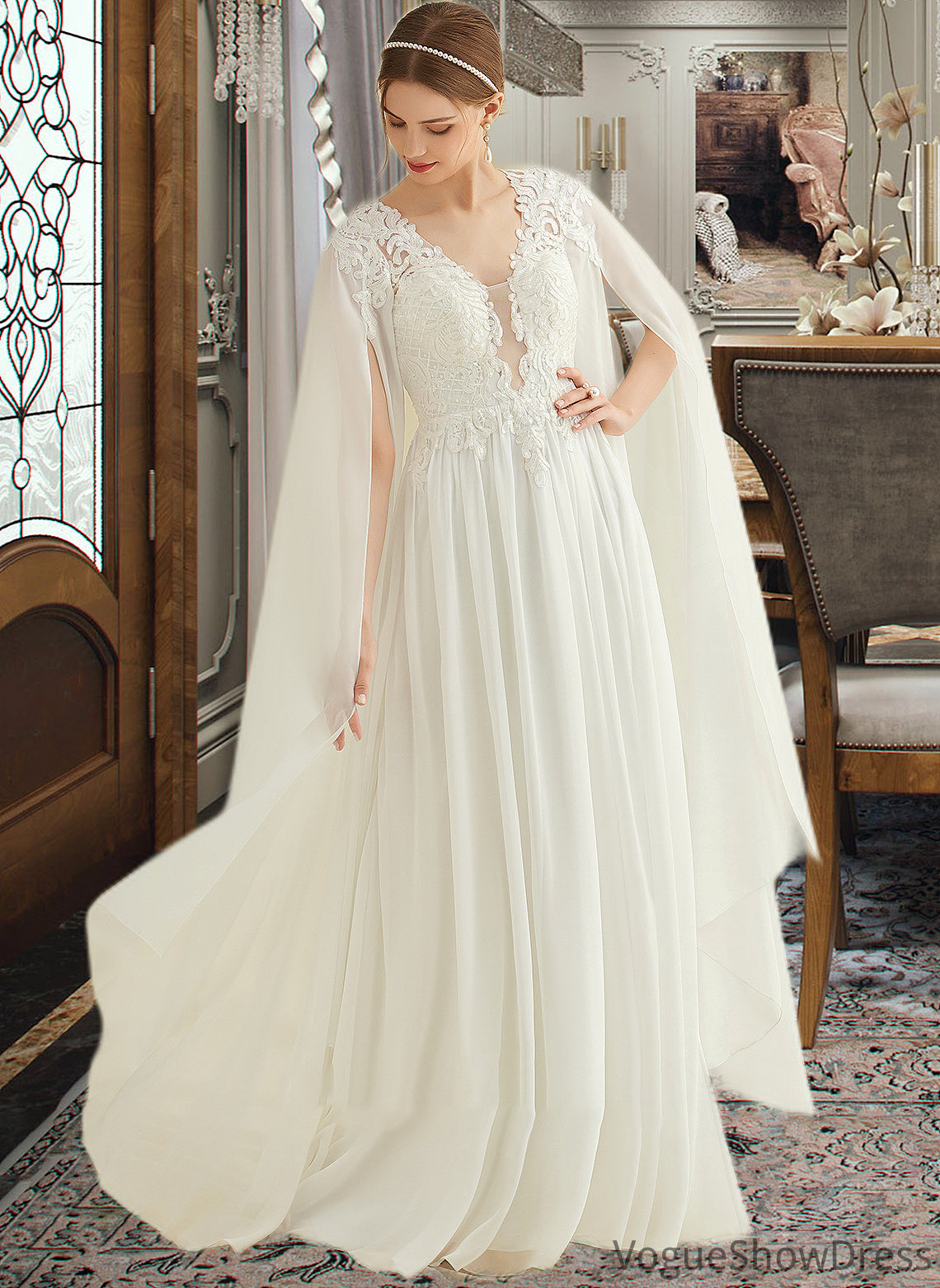 Imani A-Line V-neck Floor-Length Chiffon Lace Wedding Dress With Sequins DLP0013736