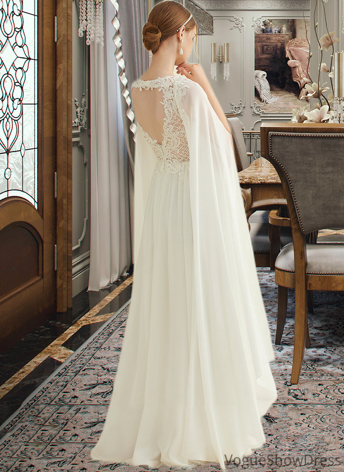 Imani A-Line V-neck Floor-Length Chiffon Lace Wedding Dress With Sequins DLP0013736