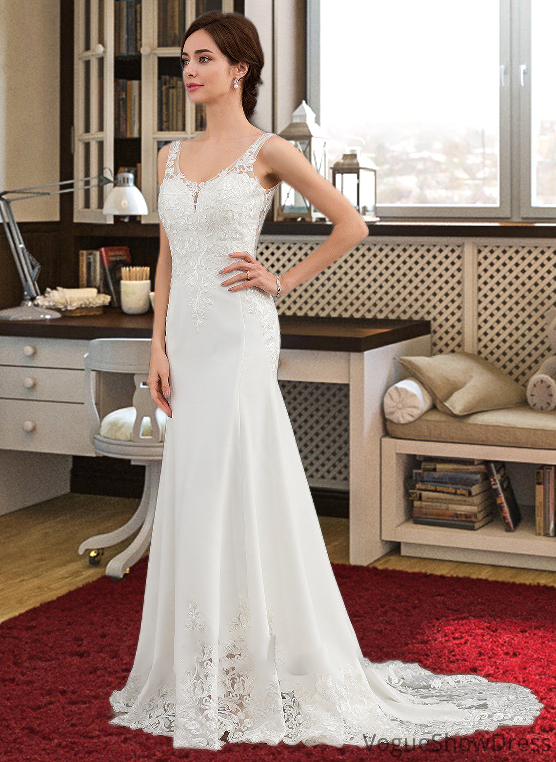 Anya Trumpet/Mermaid V-neck Court Train Lace Stretch Crepe Wedding Dress With Sequins DLP0013738