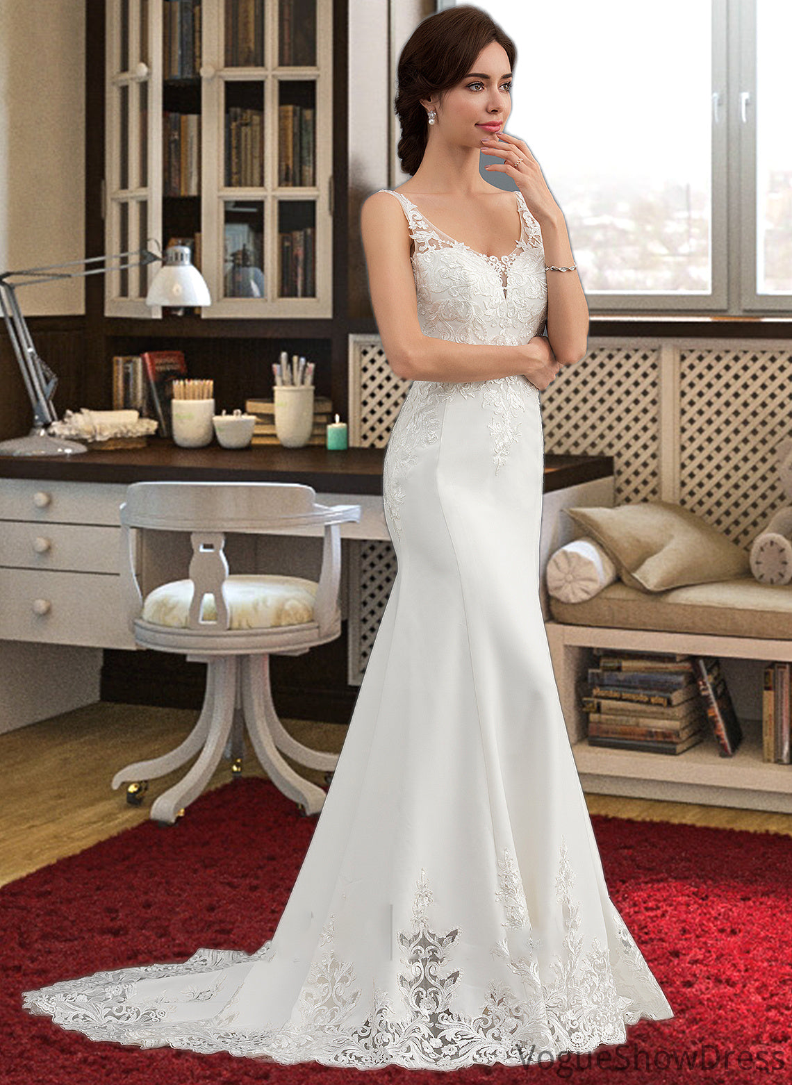 Anya Trumpet/Mermaid V-neck Court Train Lace Stretch Crepe Wedding Dress With Sequins DLP0013738