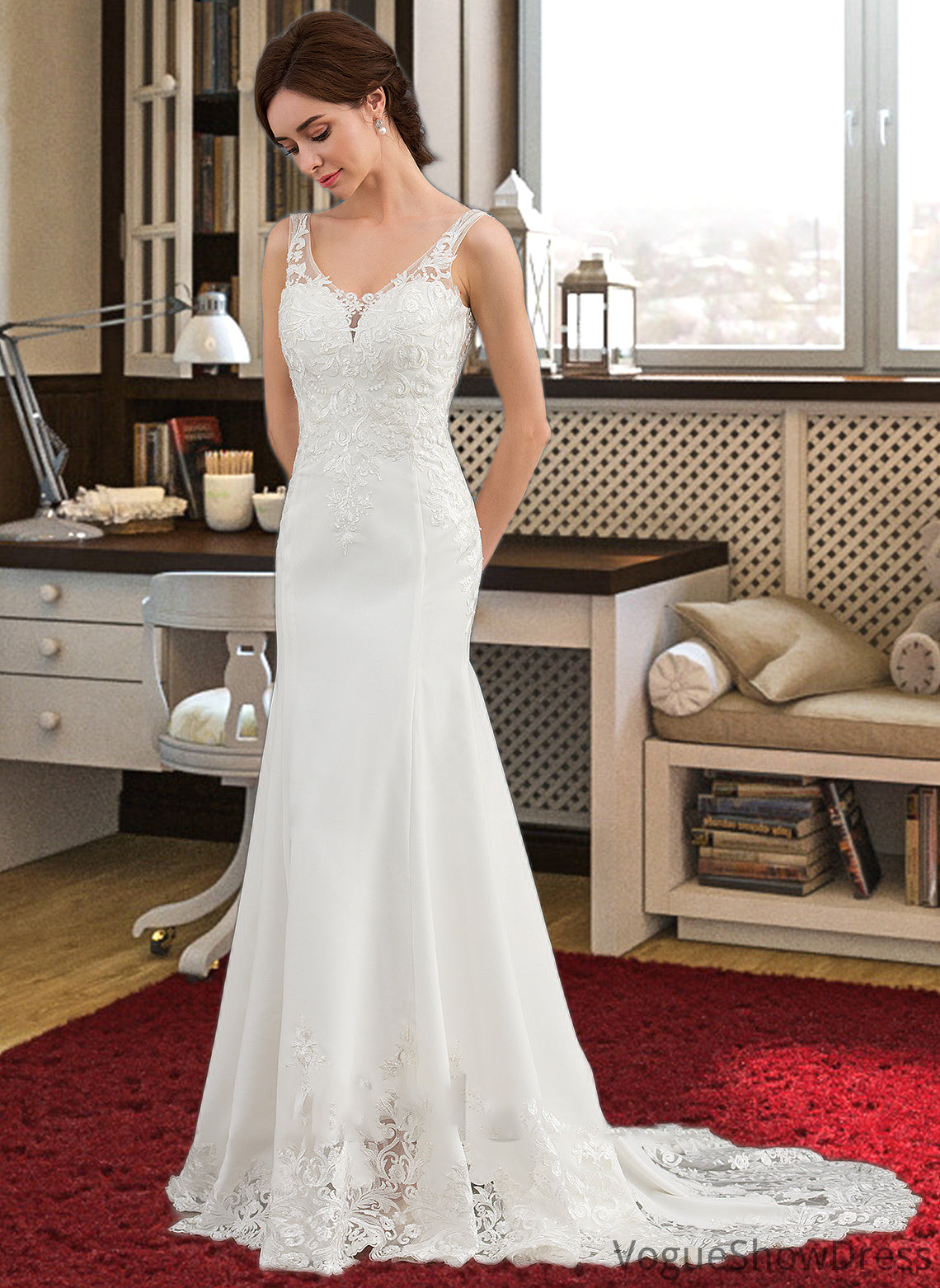 Anya Trumpet/Mermaid V-neck Court Train Lace Stretch Crepe Wedding Dress With Sequins DLP0013738