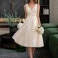 Michelle A-Line V-neck Knee-Length Lace Wedding Dress With Bow(s) DLP0013739