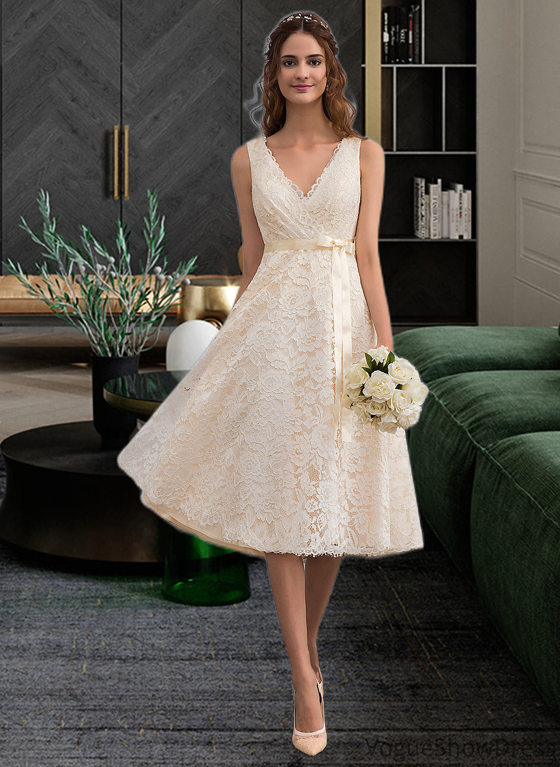 Michelle A-Line V-neck Knee-Length Lace Wedding Dress With Bow(s) DLP0013739