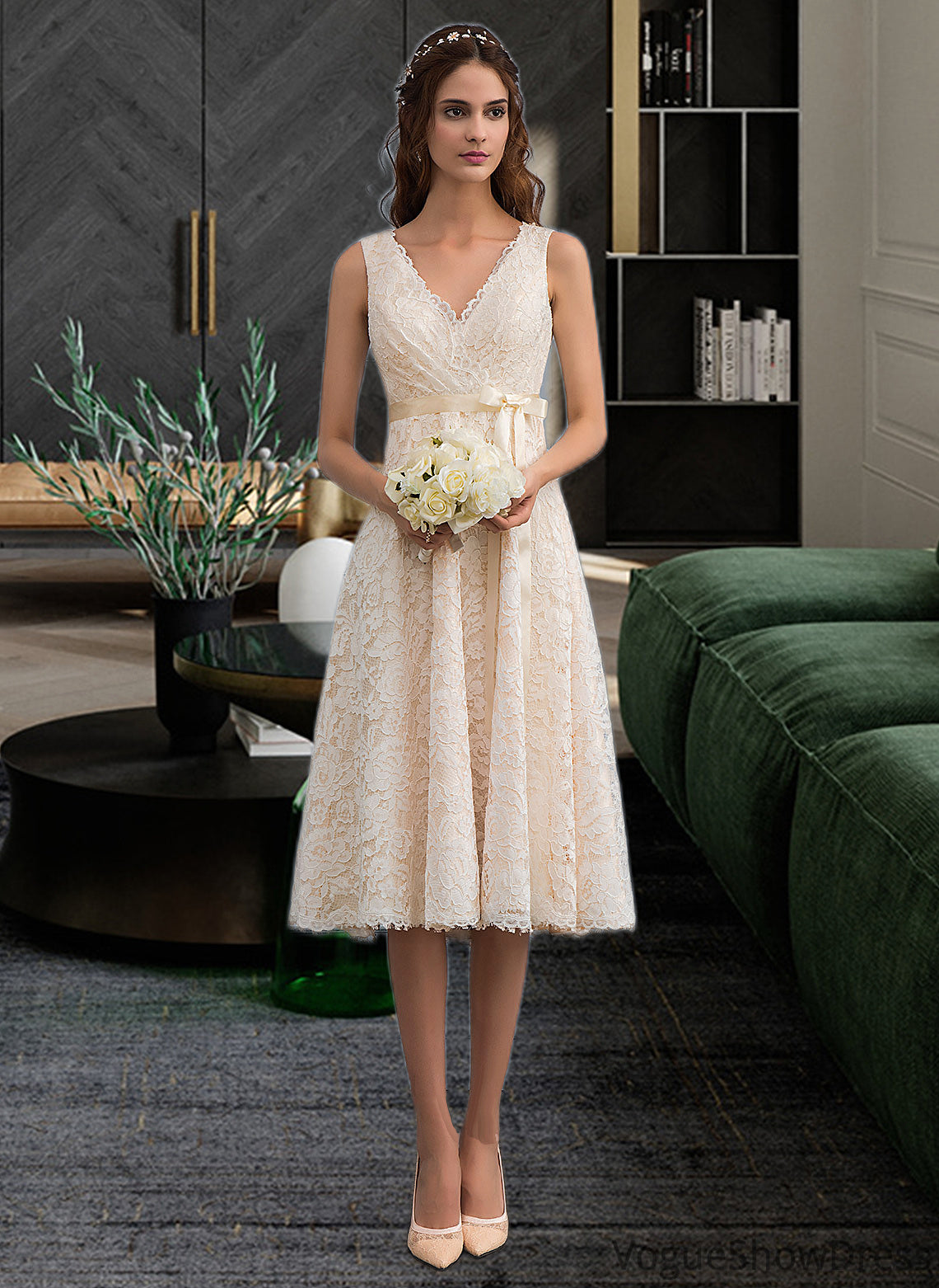 Michelle A-Line V-neck Knee-Length Lace Wedding Dress With Bow(s) DLP0013739