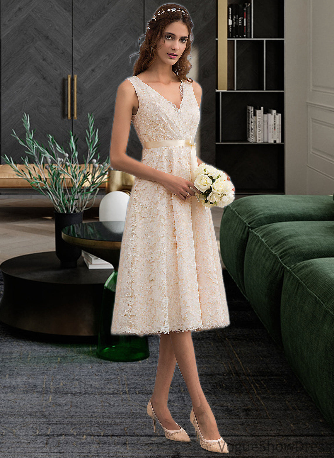 Michelle A-Line V-neck Knee-Length Lace Wedding Dress With Bow(s) DLP0013739