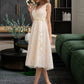 Michelle A-Line V-neck Knee-Length Lace Wedding Dress With Bow(s) DLP0013739