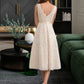 Michelle A-Line V-neck Knee-Length Lace Wedding Dress With Bow(s) DLP0013739