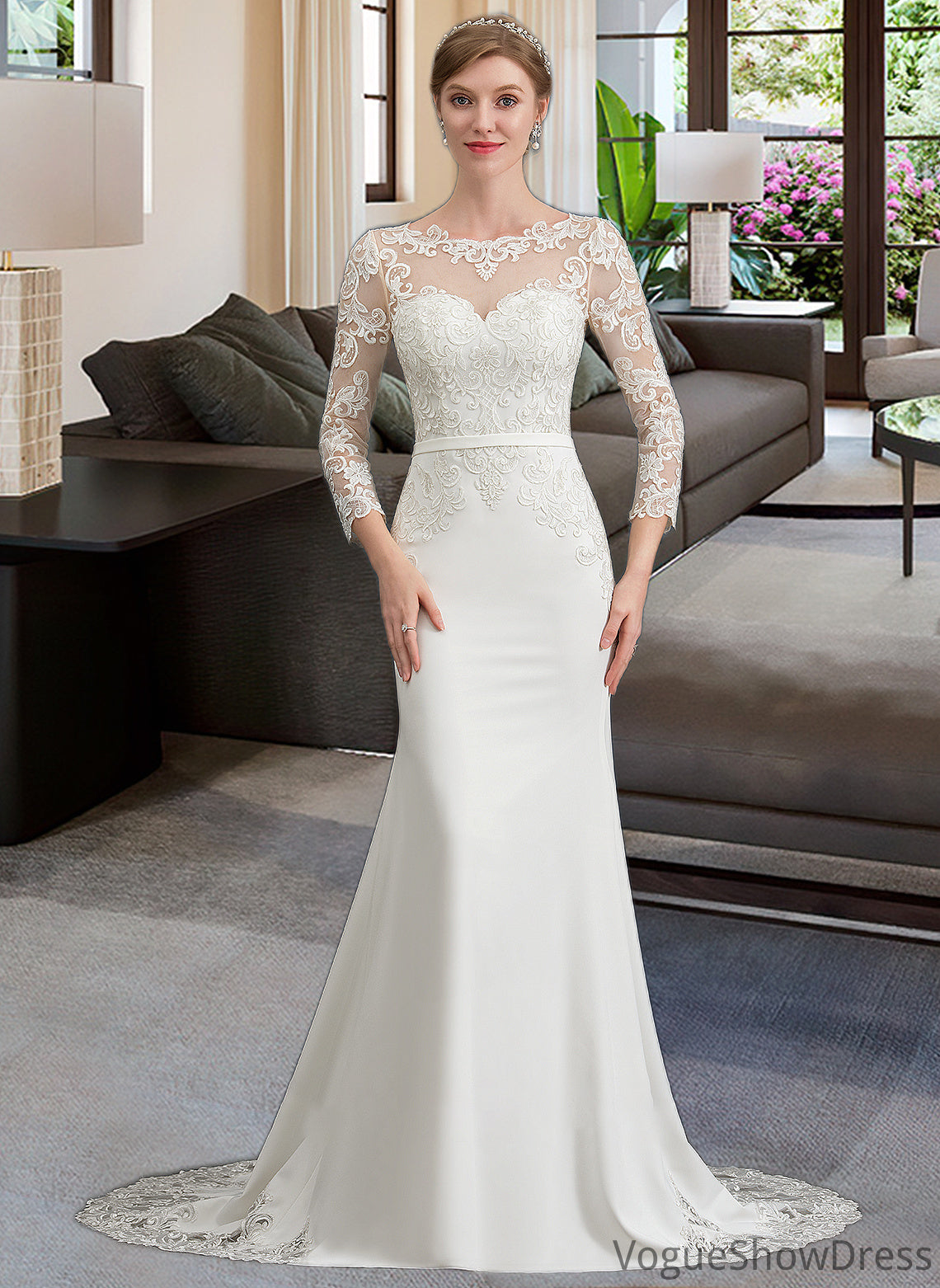 Germaine Trumpet/Mermaid Illusion Chapel Train Stretch Crepe Wedding Dress With Lace DLP0013740