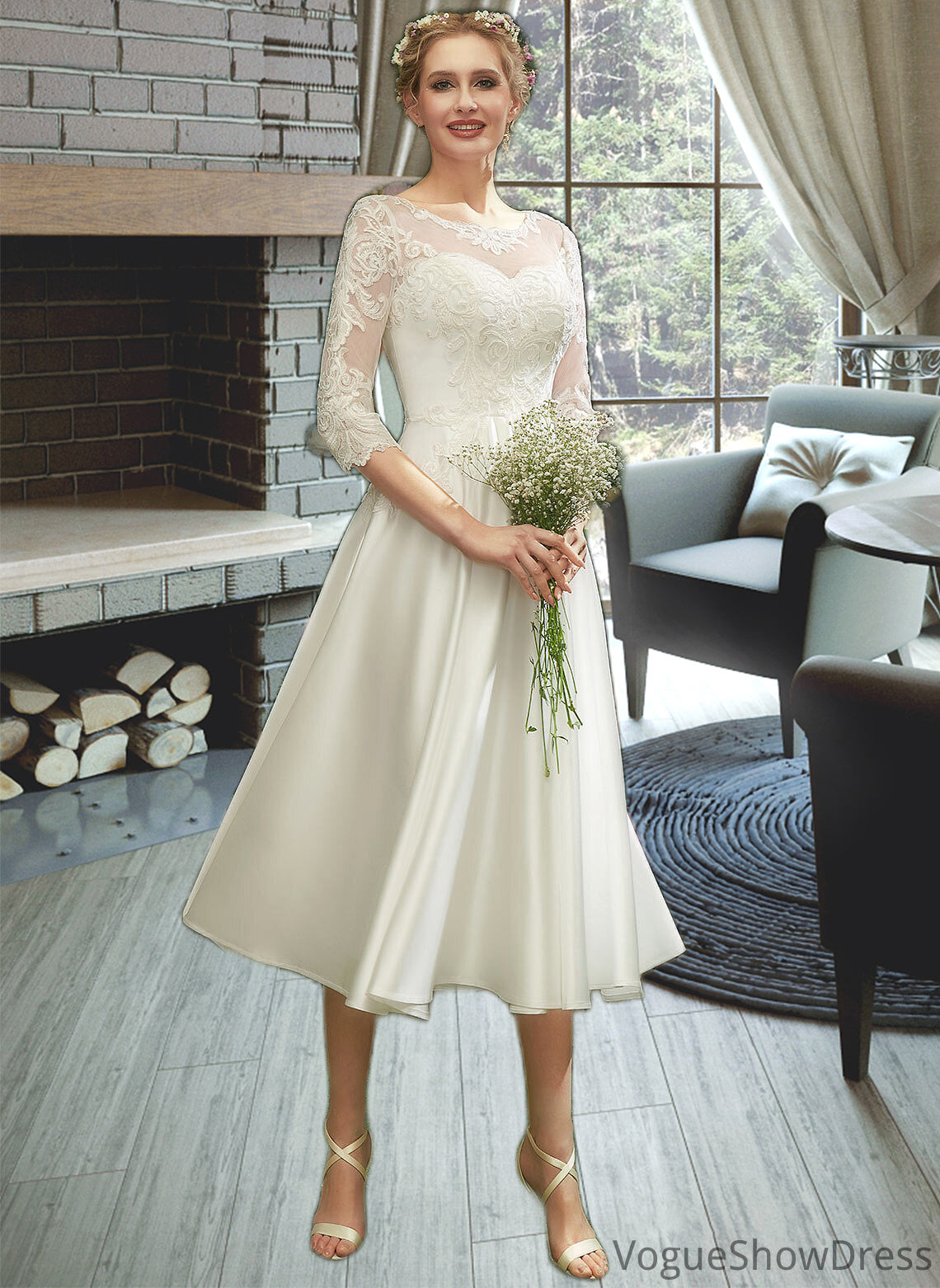 Joanne A-Line Illusion Tea-Length Wedding Dress With Lace DLP0013741