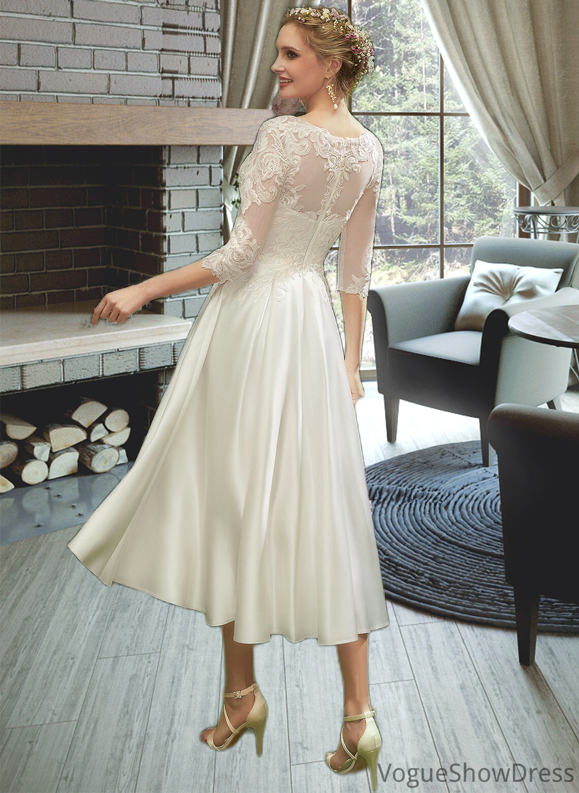 Joanne A-Line Illusion Tea-Length Wedding Dress With Lace DLP0013741