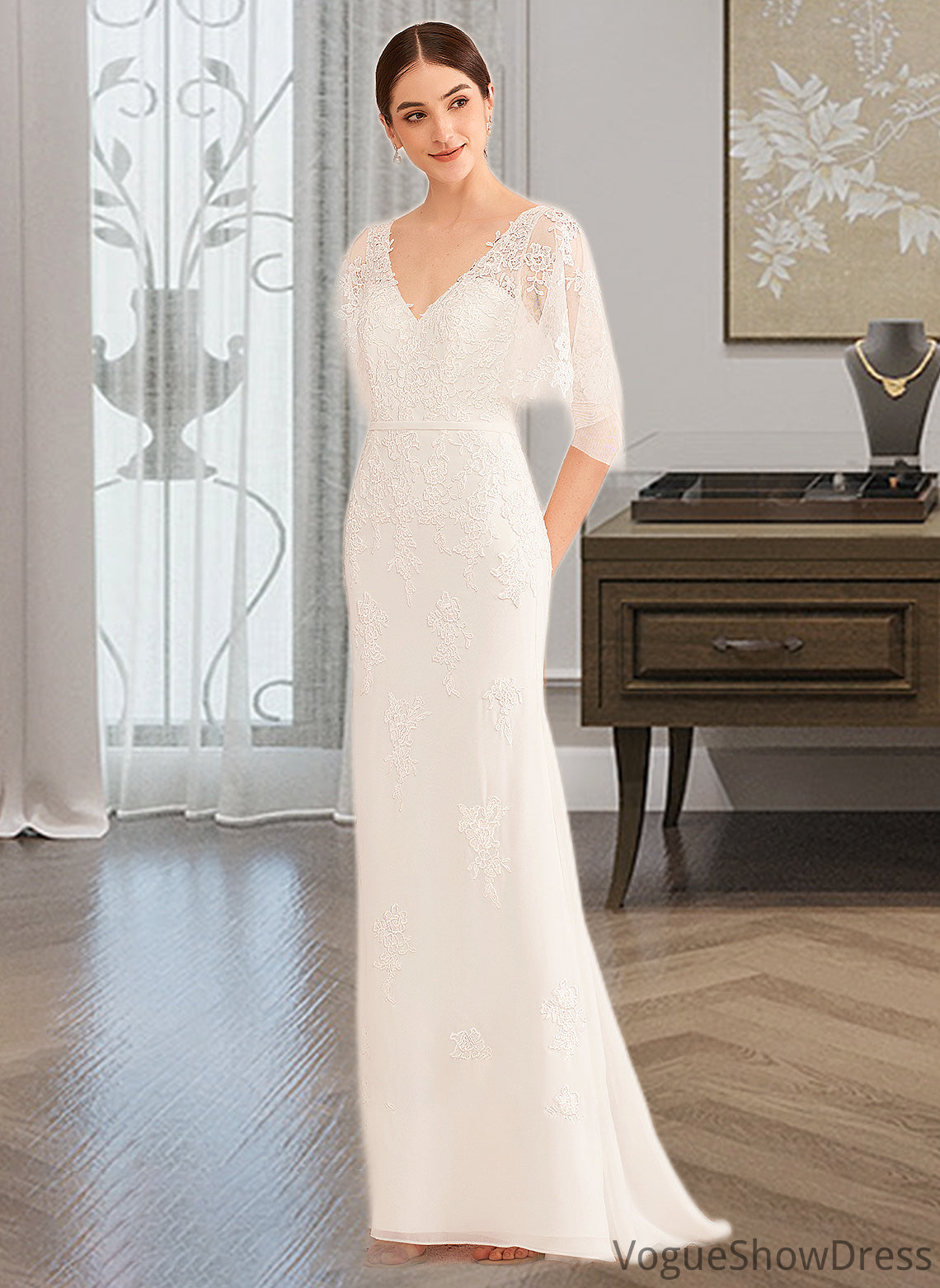 Marian Trumpet/Mermaid V-neck Court Train Wedding Dress With Sash DLP0013744