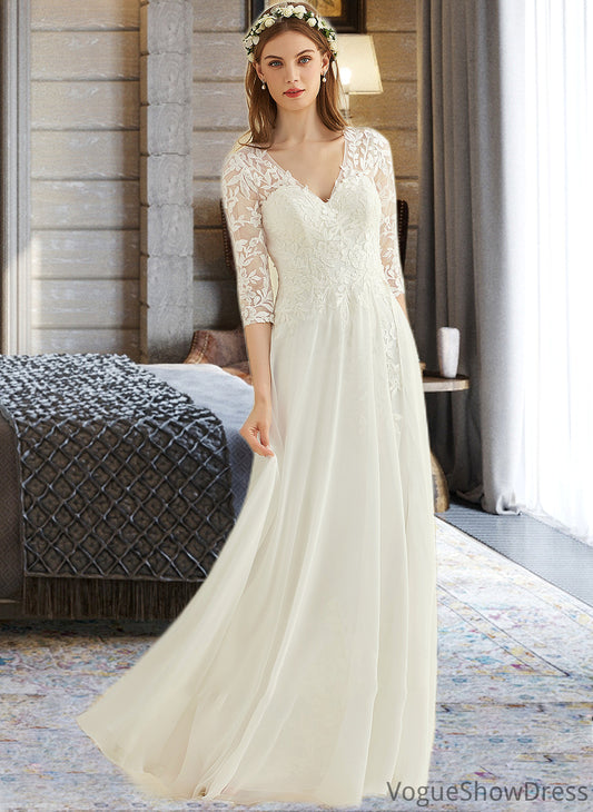 Rory A-Line V-neck Floor-Length Chiffon Lace Wedding Dress DLP0013745