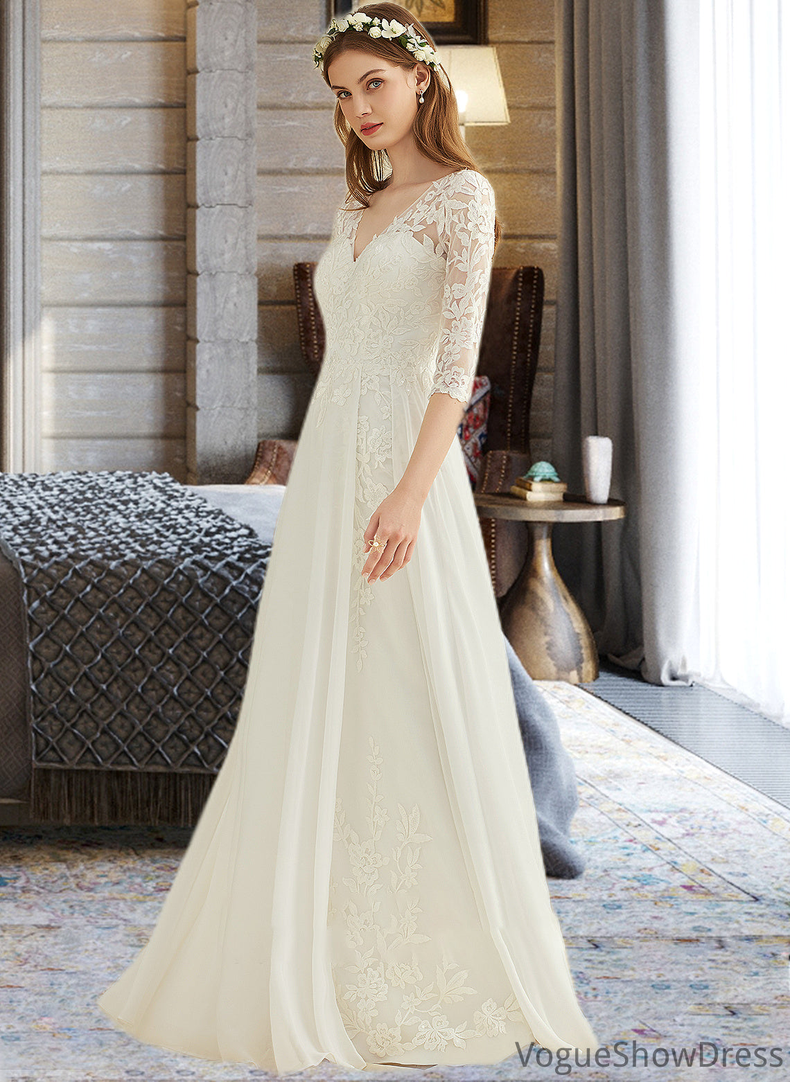 Rory A-Line V-neck Floor-Length Chiffon Lace Wedding Dress DLP0013745