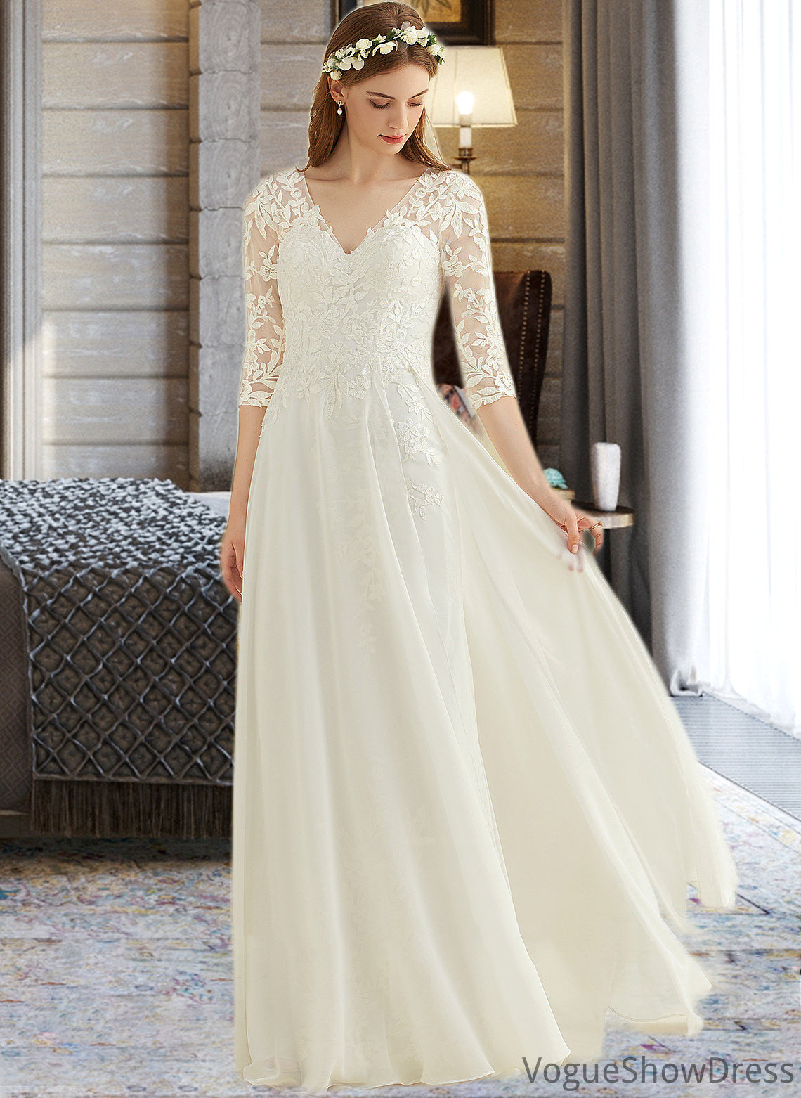 Rory A-Line V-neck Floor-Length Chiffon Lace Wedding Dress DLP0013745