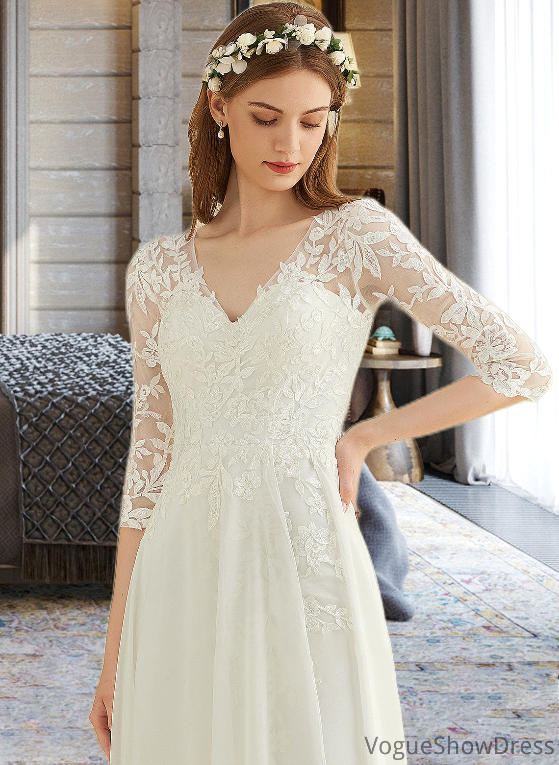 Rory A-Line V-neck Floor-Length Chiffon Lace Wedding Dress DLP0013745