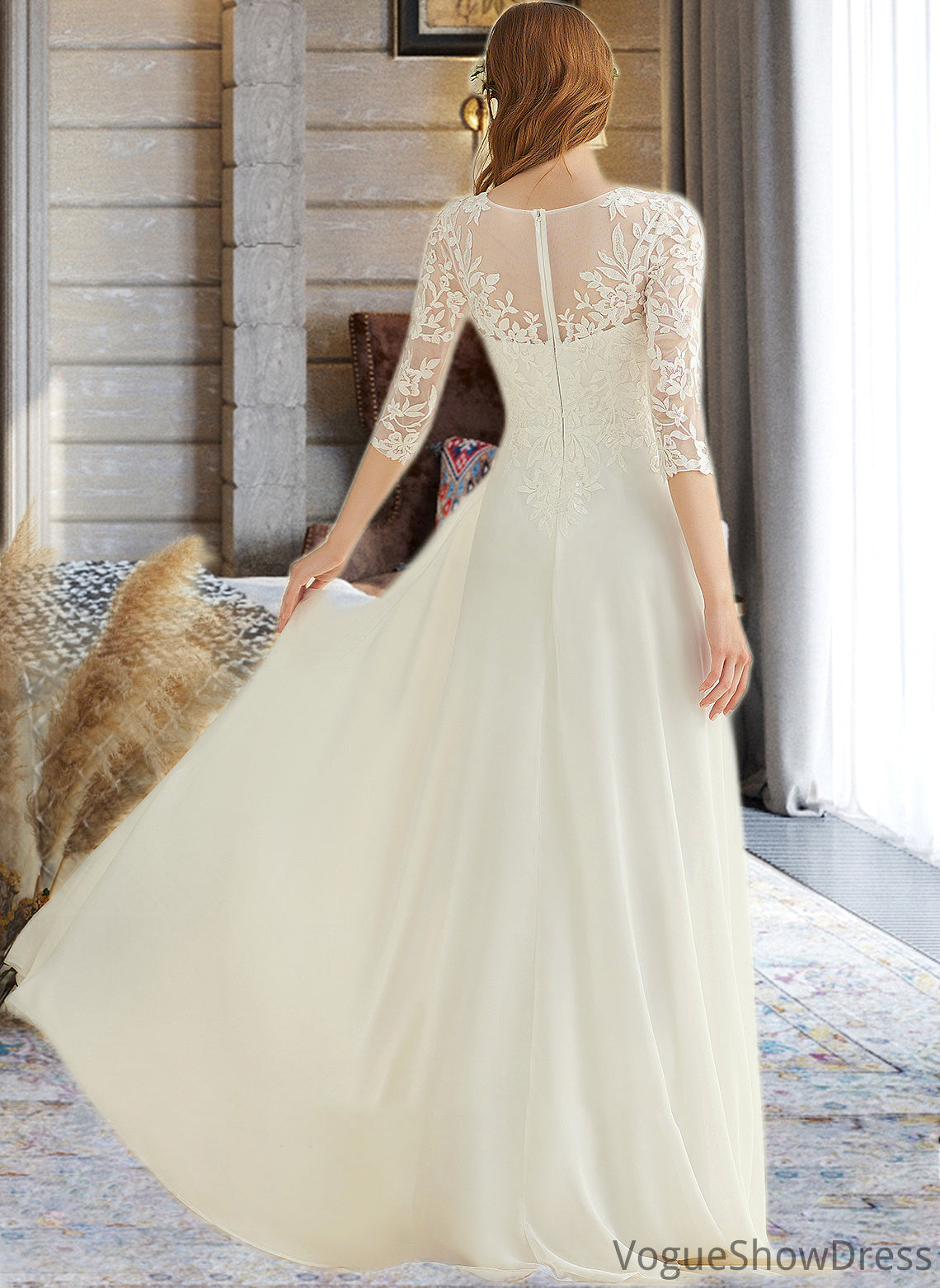 Rory A-Line V-neck Floor-Length Chiffon Lace Wedding Dress DLP0013745