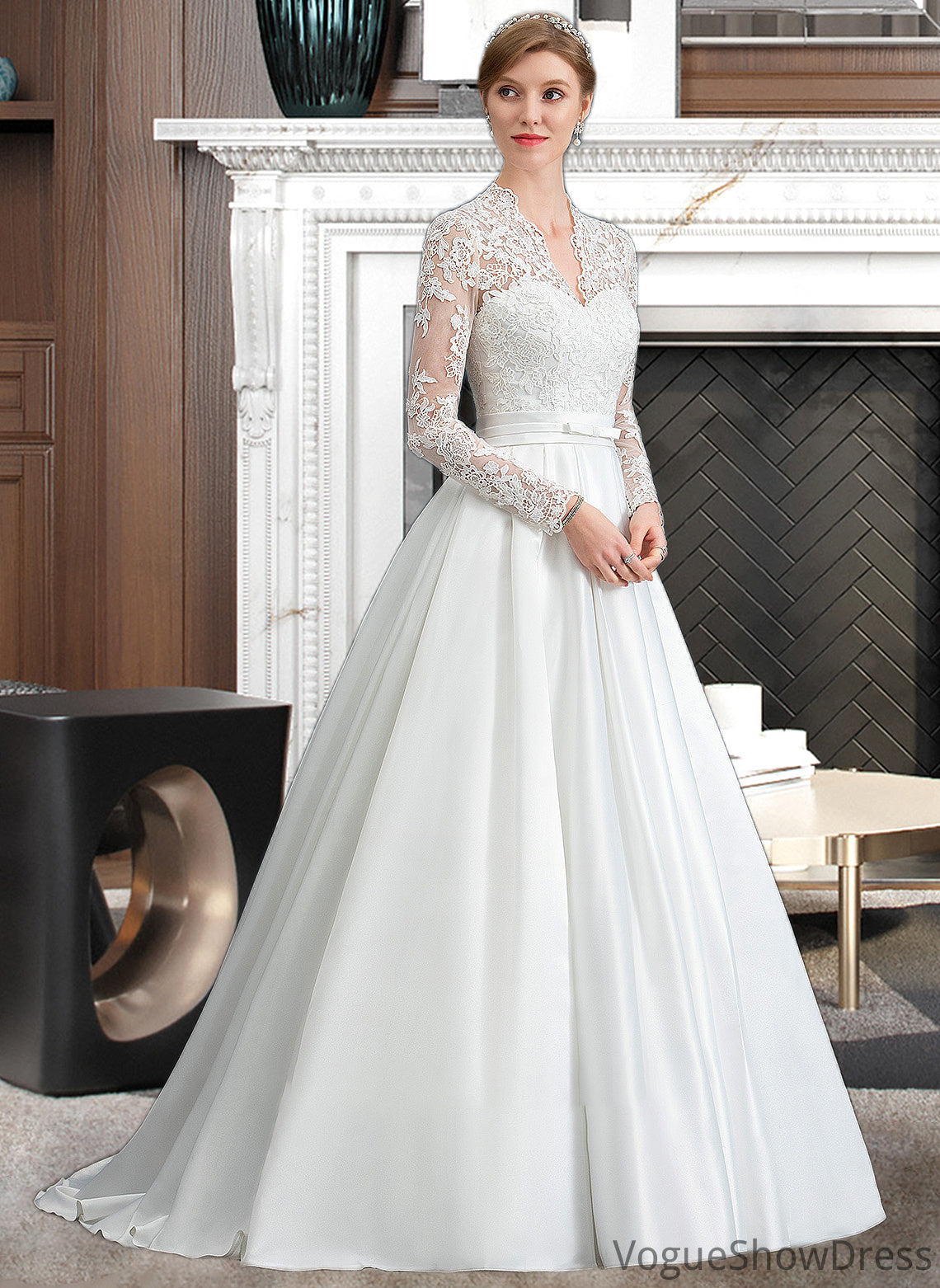 Carolyn Ball-Gown/Princess V-neck Court Train Satin Wedding Dress With Bow(s) DLP0013746