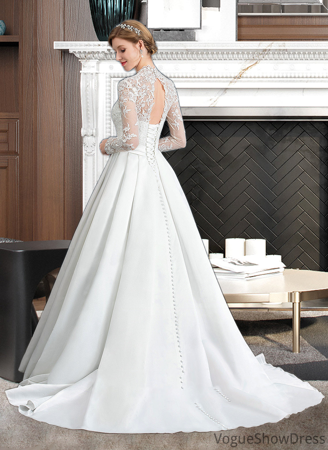 Carolyn Ball-Gown/Princess V-neck Court Train Satin Wedding Dress With Bow(s) DLP0013746