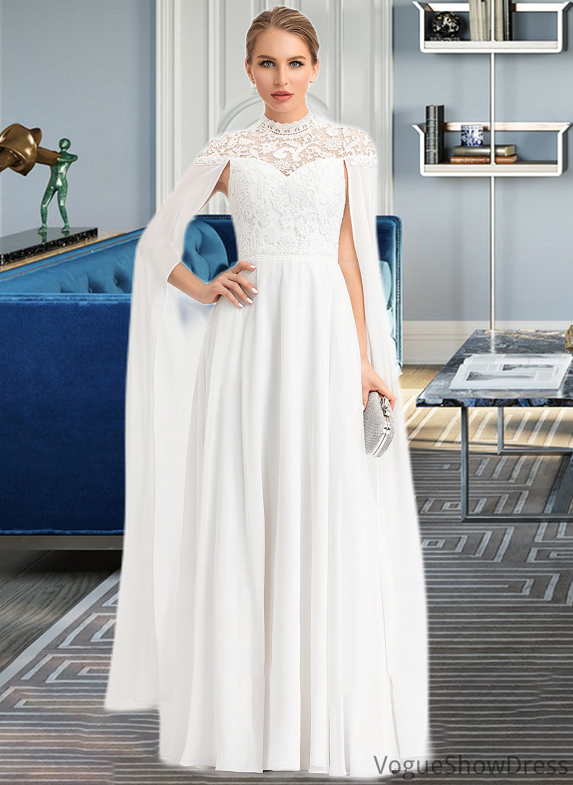 Aaliyah A-Line High Neck Floor-Length Chiffon Wedding Dress DLP0013748