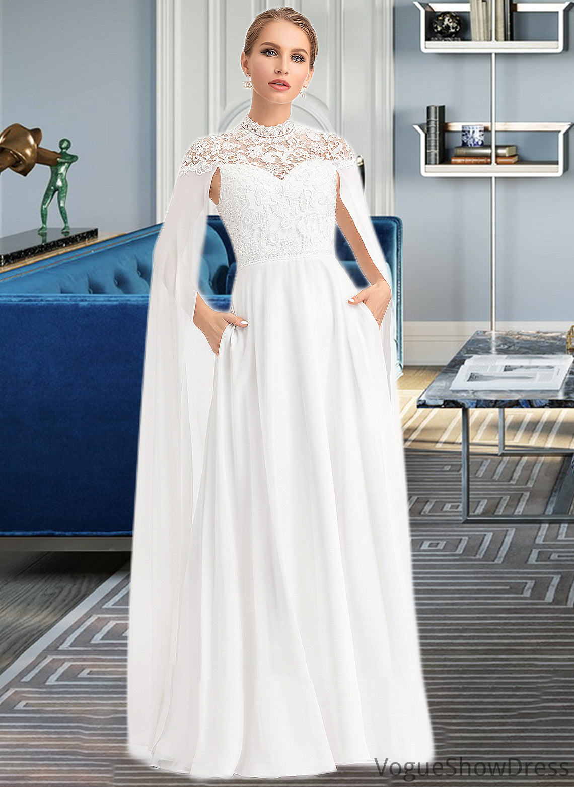 Aaliyah A-Line High Neck Floor-Length Chiffon Wedding Dress DLP0013748