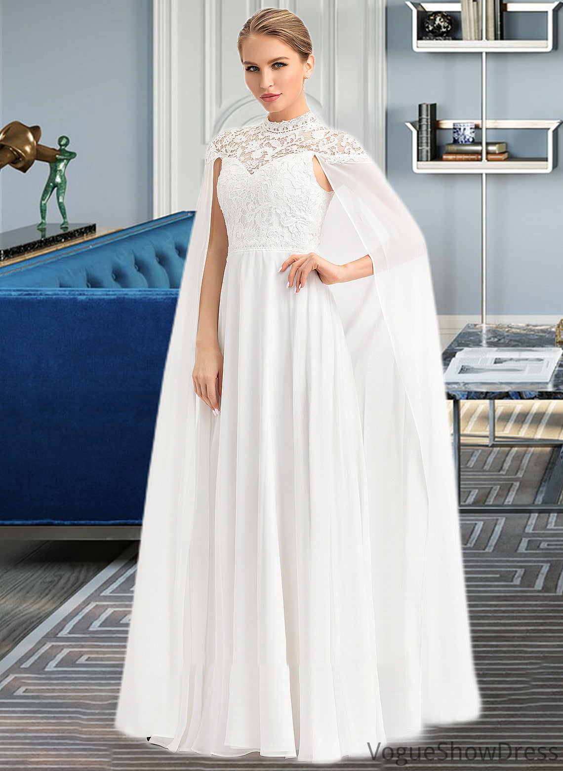 Aaliyah A-Line High Neck Floor-Length Chiffon Wedding Dress DLP0013748