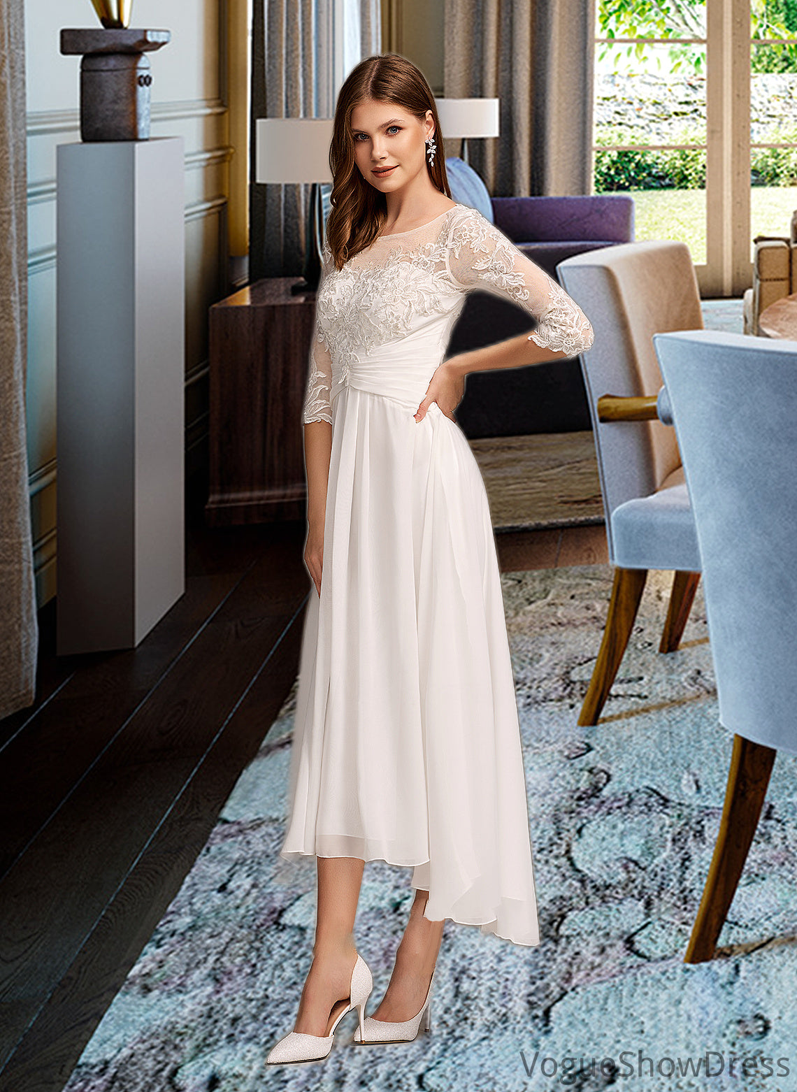 Valery A-Line Illusion Asymmetrical Wedding Dress With Lace DLP0013749