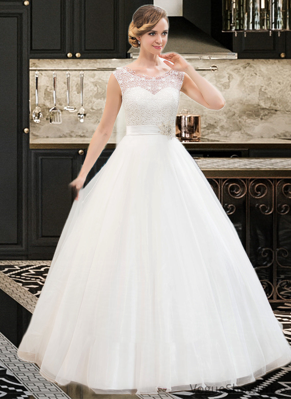 Jillian Ball-Gown/Princess Scoop Neck Sweep Train Organza Lace Wedding Dress With Beading Sequins DLP0013751