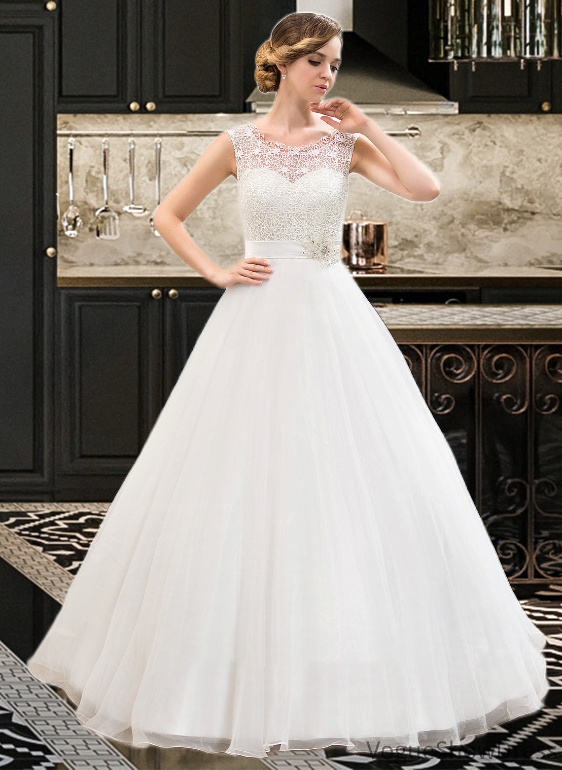 Jillian Ball-Gown/Princess Scoop Neck Sweep Train Organza Lace Wedding Dress With Beading Sequins DLP0013751