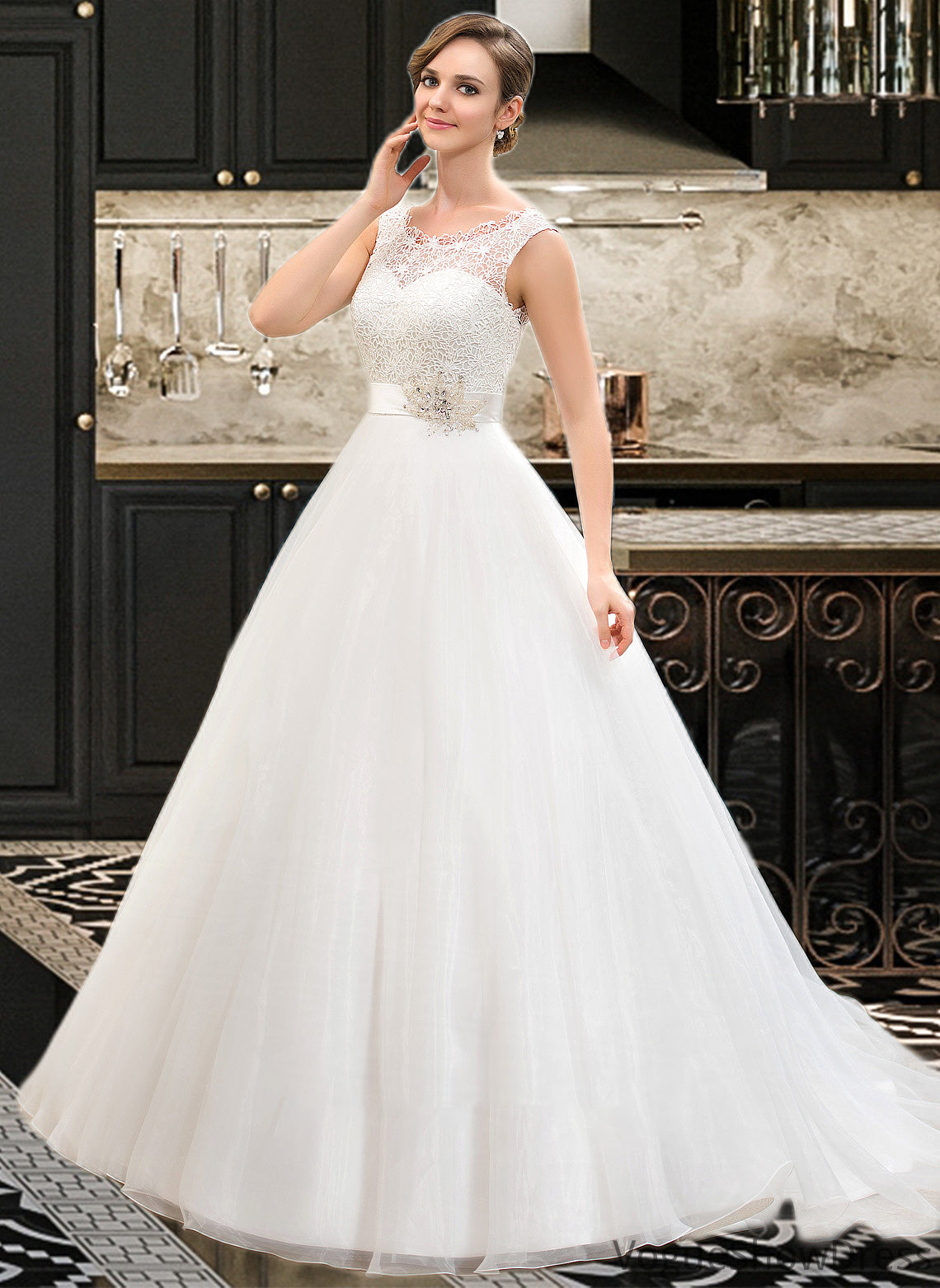 Jillian Ball-Gown/Princess Scoop Neck Sweep Train Organza Lace Wedding Dress With Beading Sequins DLP0013751