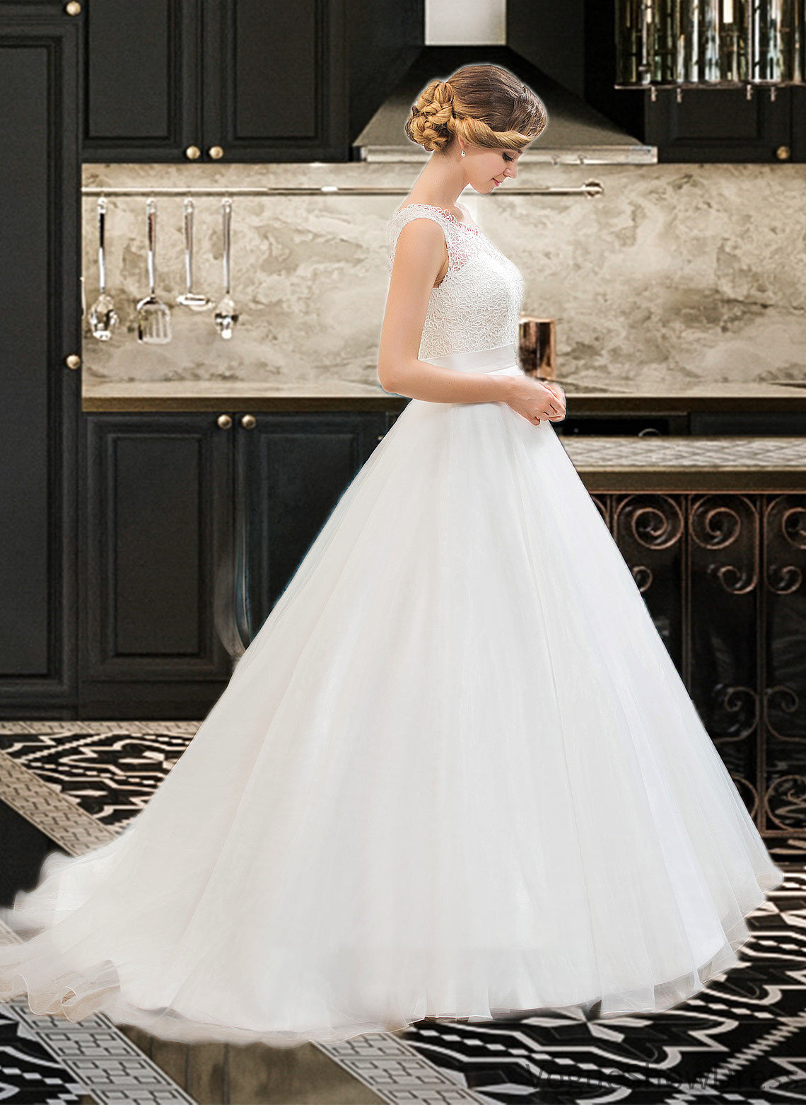 Jillian Ball-Gown/Princess Scoop Neck Sweep Train Organza Lace Wedding Dress With Beading Sequins DLP0013751