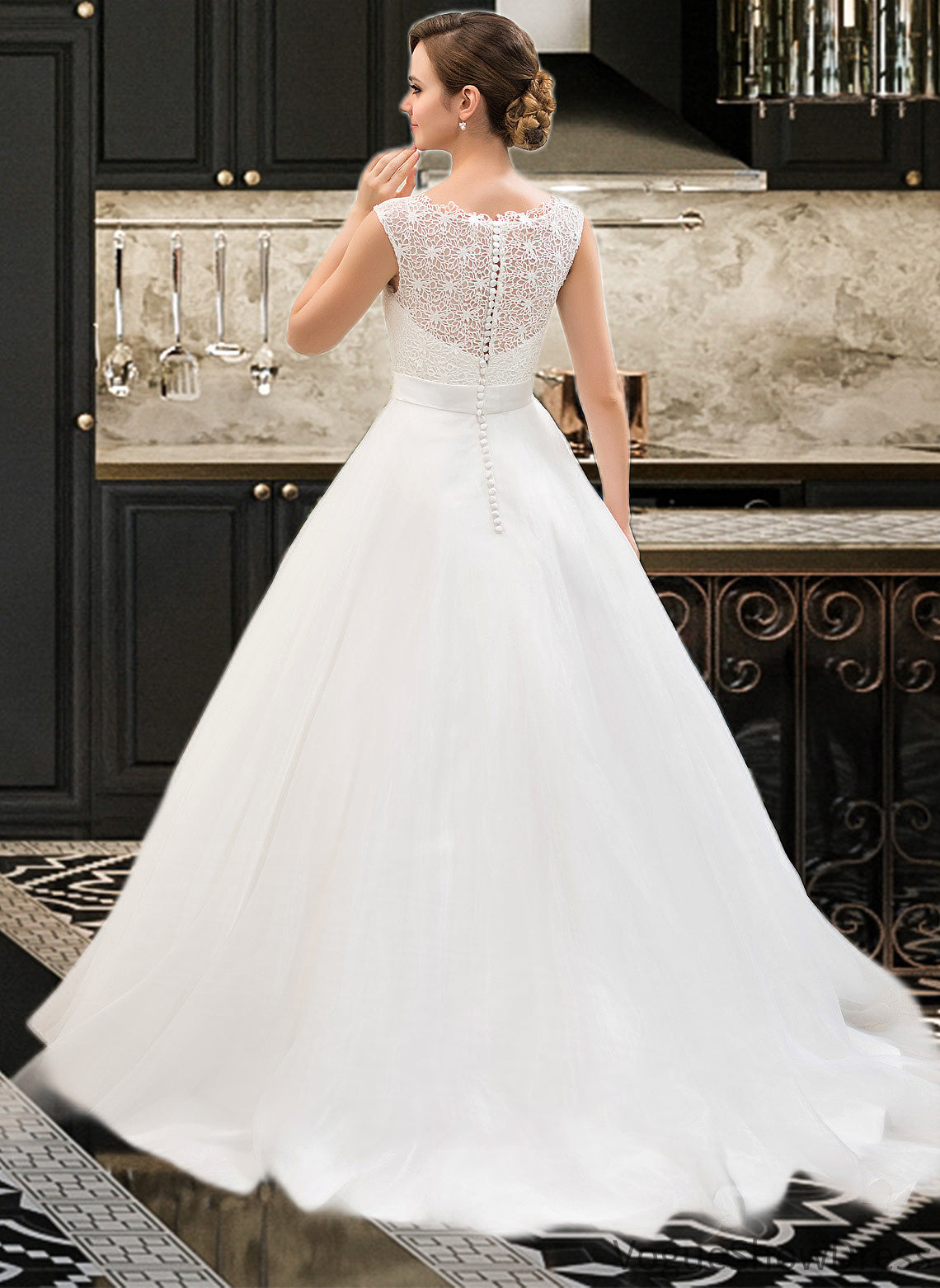 Jillian Ball-Gown/Princess Scoop Neck Sweep Train Organza Lace Wedding Dress With Beading Sequins DLP0013751