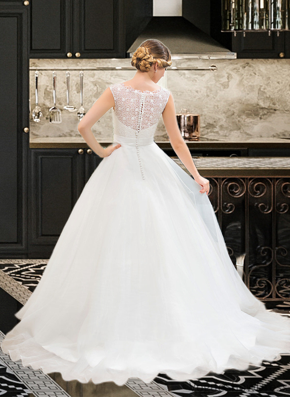 Jillian Ball-Gown/Princess Scoop Neck Sweep Train Organza Lace Wedding Dress With Beading Sequins DLP0013751