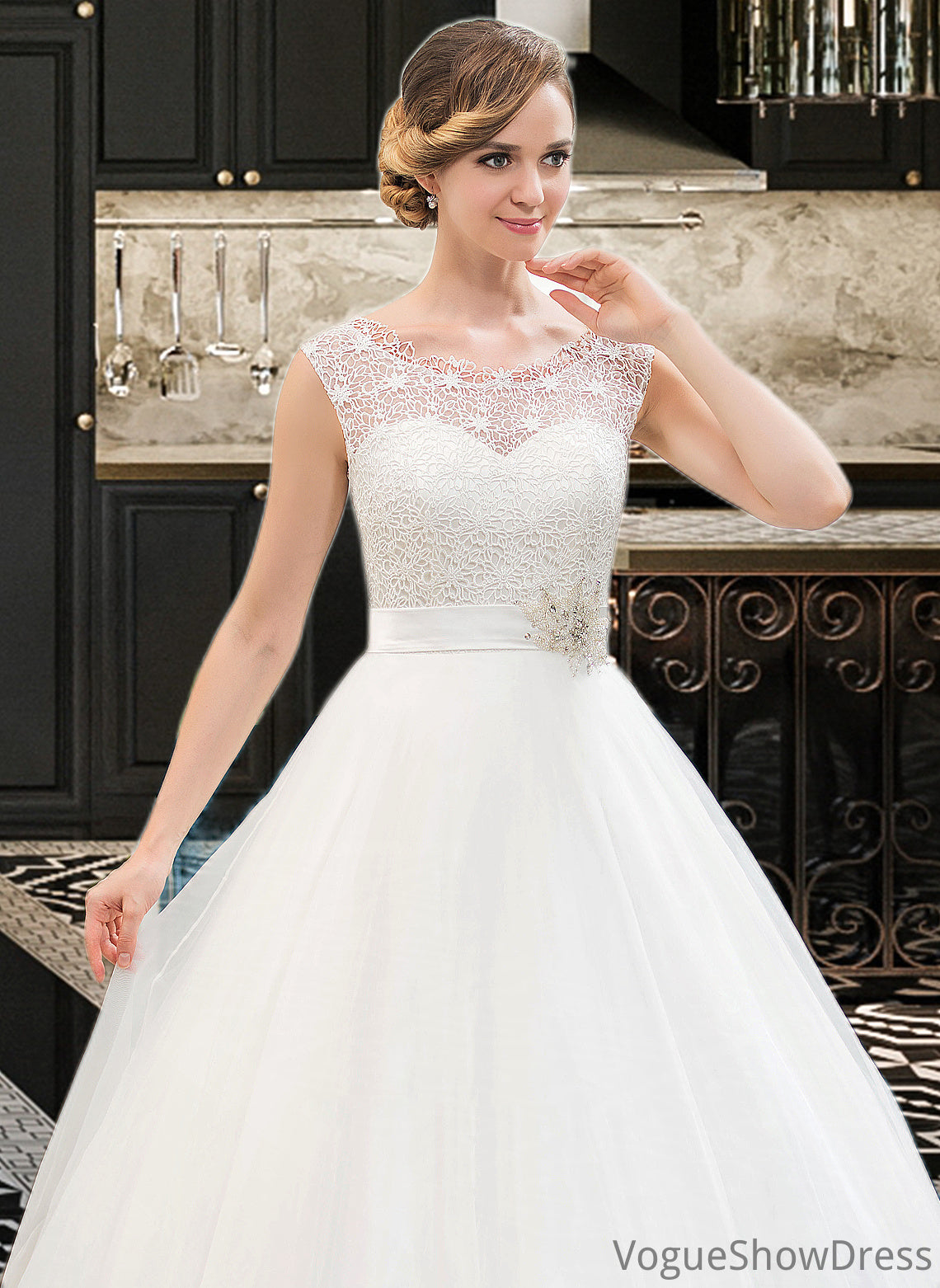 Jillian Ball-Gown/Princess Scoop Neck Sweep Train Organza Lace Wedding Dress With Beading Sequins DLP0013751