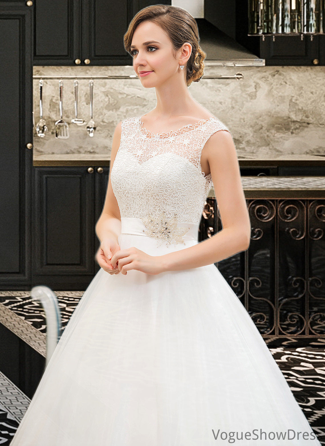 Jillian Ball-Gown/Princess Scoop Neck Sweep Train Organza Lace Wedding Dress With Beading Sequins DLP0013751