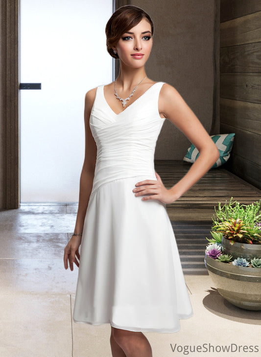 Hilary A-Line V-neck Knee-Length Chiffon Wedding Dress With Ruffle Beading Sequins DLP0013752