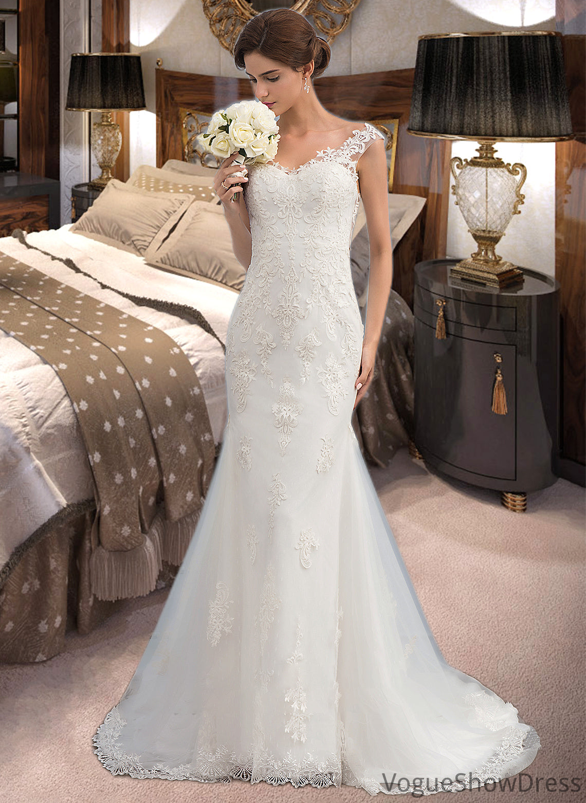 Katrina Trumpet/Mermaid V-neck Court Train Tulle Wedding Dress DLP0013758