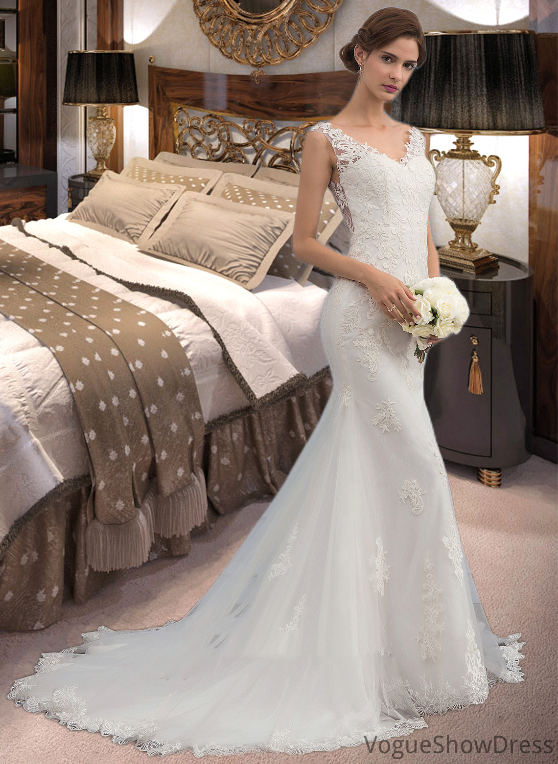 Katrina Trumpet/Mermaid V-neck Court Train Tulle Wedding Dress DLP0013758