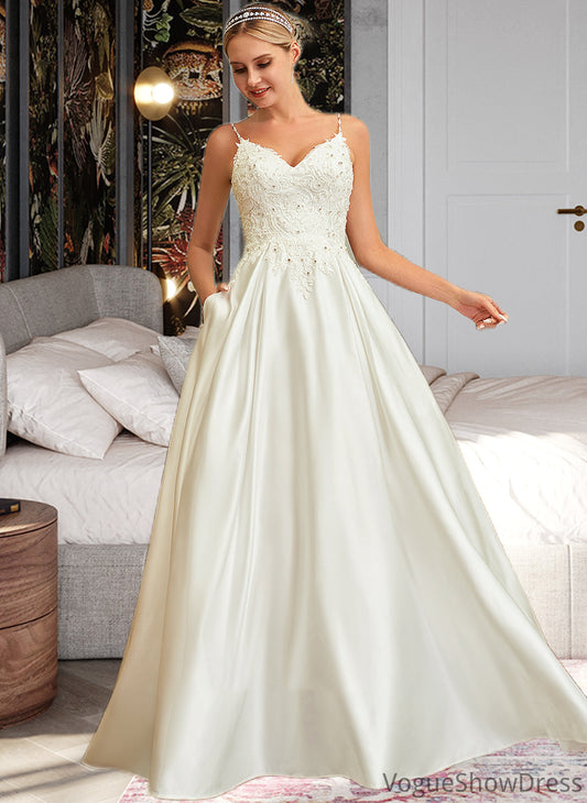 Kaleigh Ball-Gown/Princess V-neck Sweep Train Satin Lace Wedding Dress With Lace Beading Sequins Pockets DLP0013771