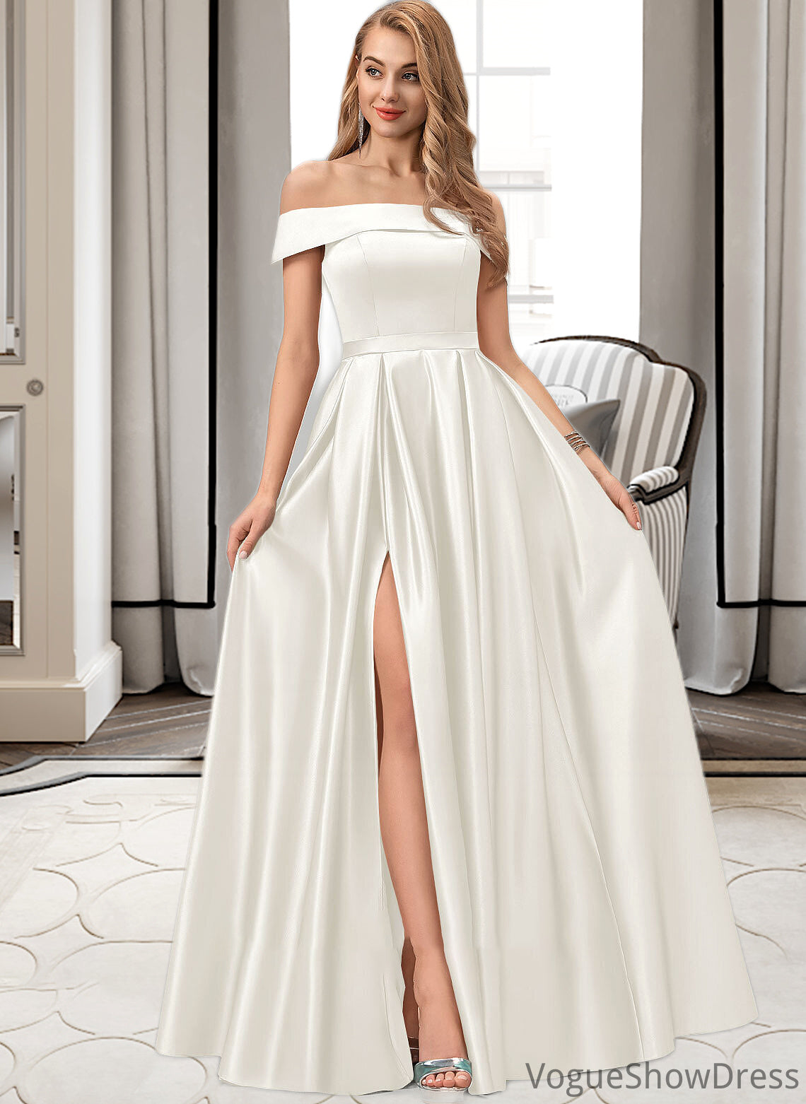 Natalee Ball-Gown/Princess Off-the-Shoulder Floor-Length Satin Wedding Dress With Split Front Pockets DLP0013774