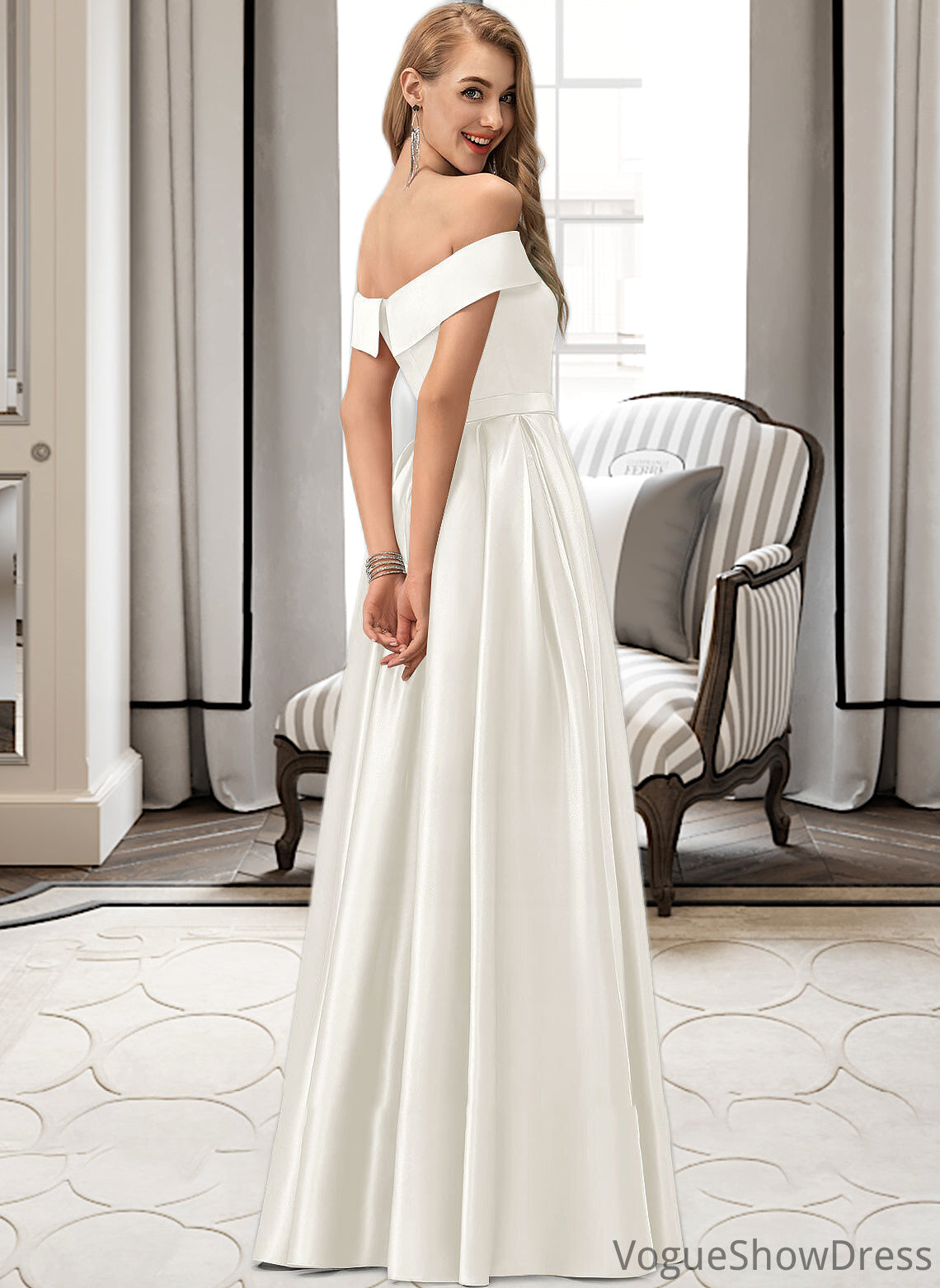 Natalee Ball-Gown/Princess Off-the-Shoulder Floor-Length Satin Wedding Dress With Split Front Pockets DLP0013774