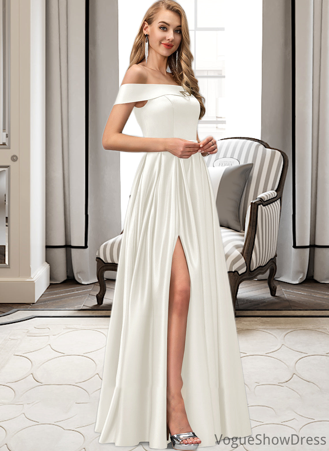 Natalee Ball-Gown/Princess Off-the-Shoulder Floor-Length Satin Wedding Dress With Split Front Pockets DLP0013774