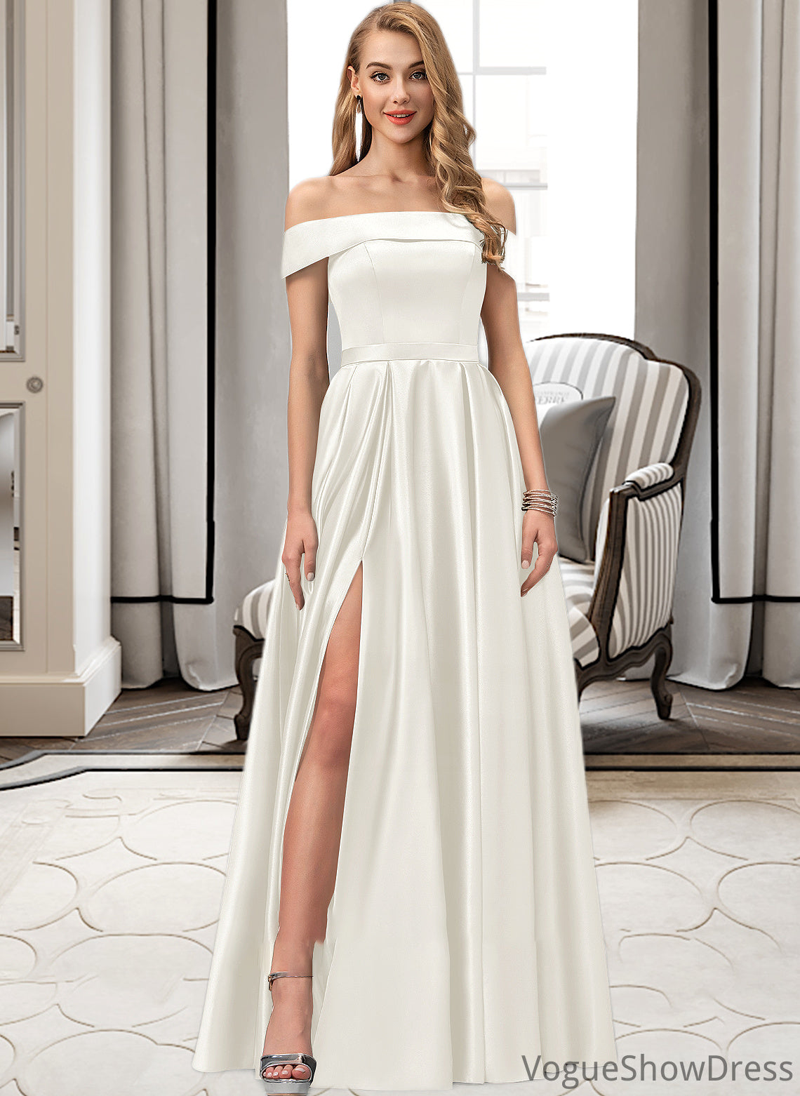 Natalee Ball-Gown/Princess Off-the-Shoulder Floor-Length Satin Wedding Dress With Split Front Pockets DLP0013774