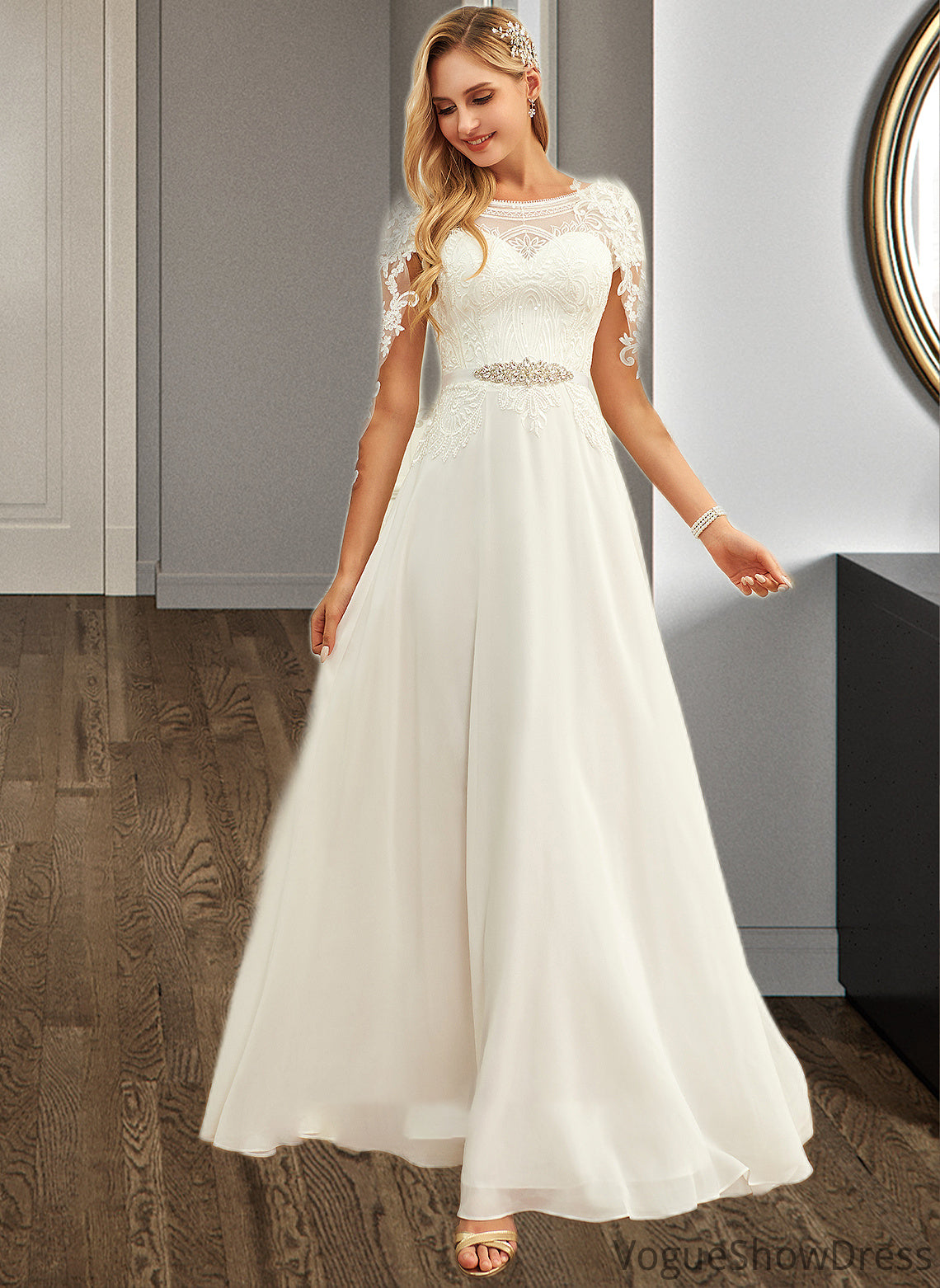 Jenny A-Line Scoop Neck Floor-Length Chiffon Lace Wedding Dress With Sequins DLP0013775