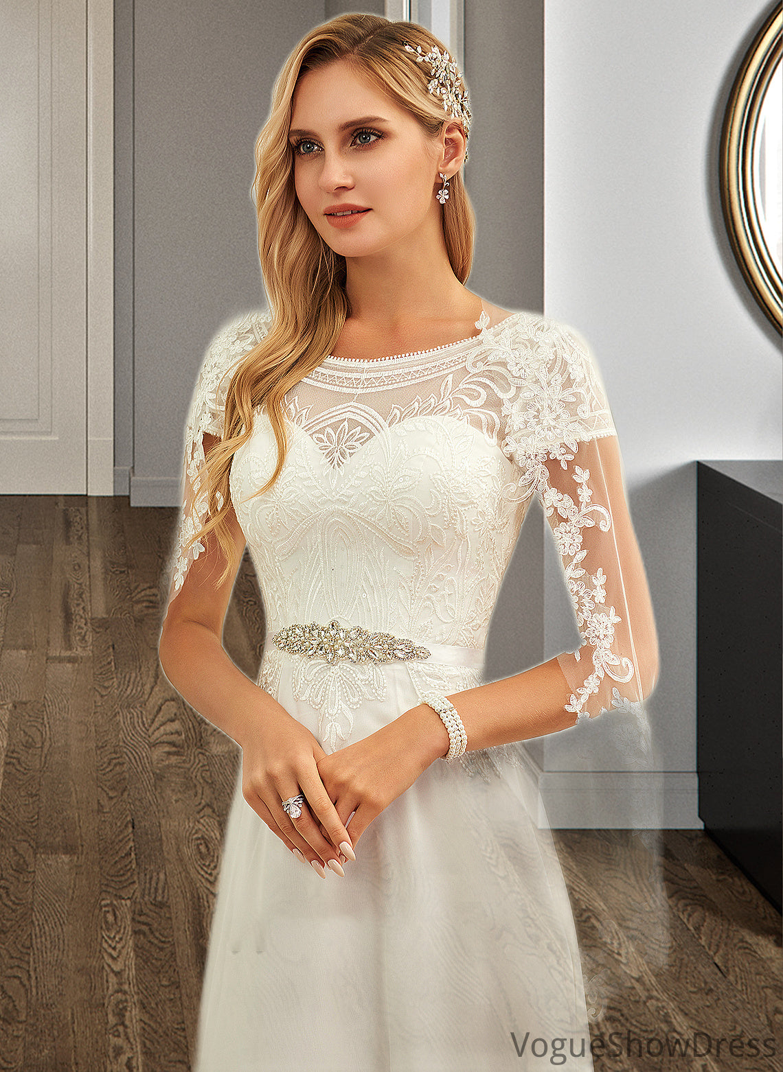 Jenny A-Line Scoop Neck Floor-Length Chiffon Lace Wedding Dress With Sequins DLP0013775