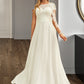 Jenny A-Line Scoop Neck Floor-Length Chiffon Lace Wedding Dress With Sequins DLP0013775