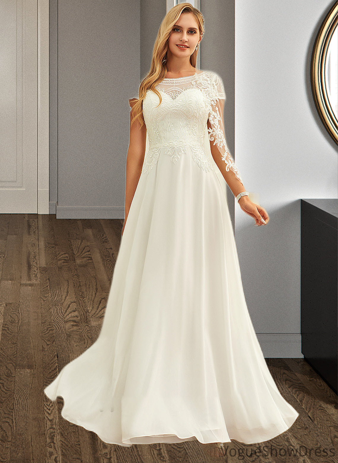 Jenny A-Line Scoop Neck Floor-Length Chiffon Lace Wedding Dress With Sequins DLP0013775