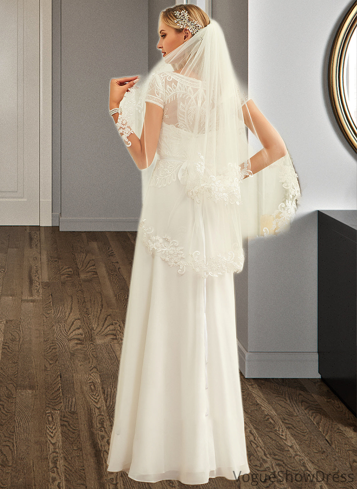 Jenny A-Line Scoop Neck Floor-Length Chiffon Lace Wedding Dress With Sequins DLP0013775