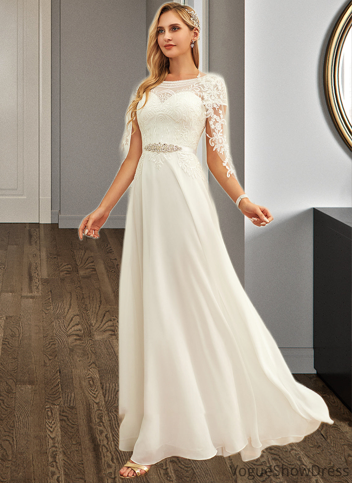 Jenny A-Line Scoop Neck Floor-Length Chiffon Lace Wedding Dress With Sequins DLP0013775