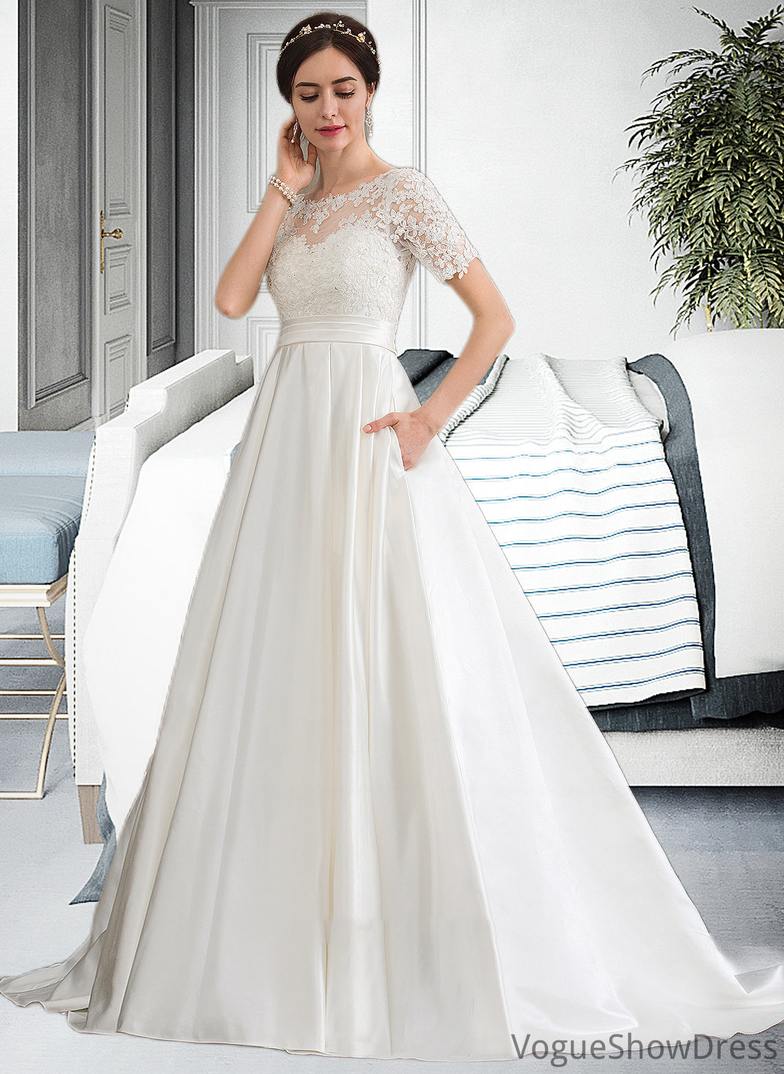 Kierra Ball-Gown/Princess Scoop Neck Court Train Satin Wedding Dress With Beading Sequins Pockets DLP0013777